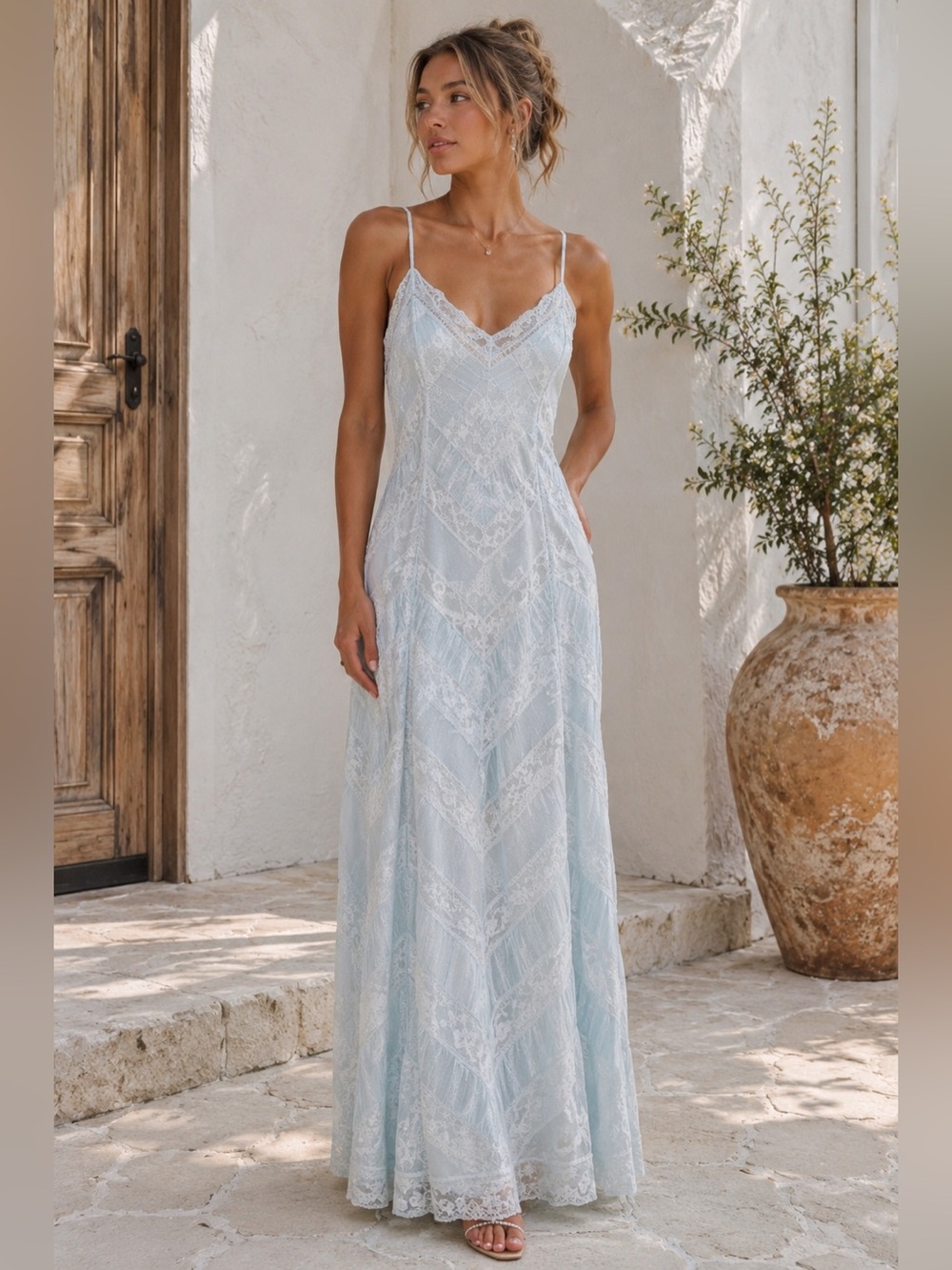 NWT LoveShackFancy Josanne Ice Blue Lace Maxi Slip Dress Size 0